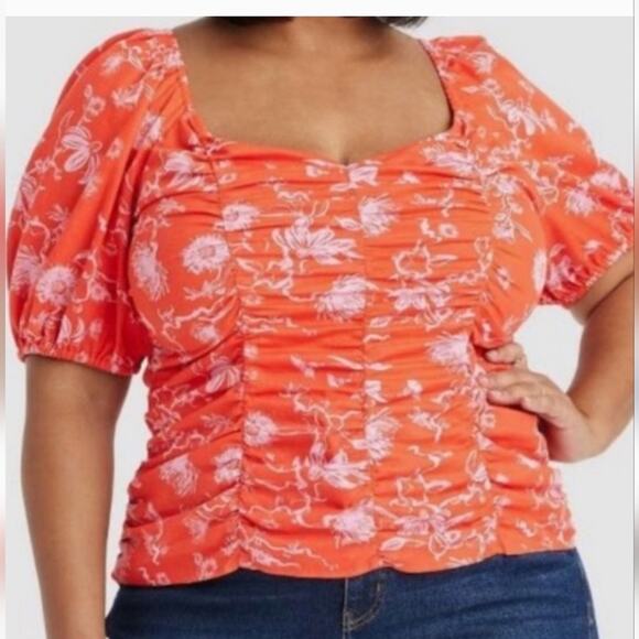 Ava & Viv NWT Red Orange‎ Sweetheart Floral Puff Sleeve Top Size 4X - Picture 1 of 10